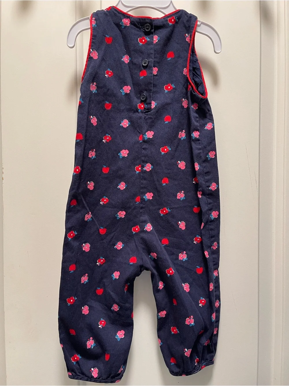 Vintage Gymboree 6-12M Baby Girl Navy Corduroy Floral Apple Overalls Romper